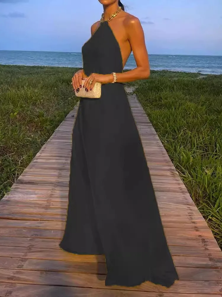 Fashion Metal Chain Halter Neck Long Dresses Women Sexy Backless Temperament Lady Solid Color Commuting Party Dress Summer New