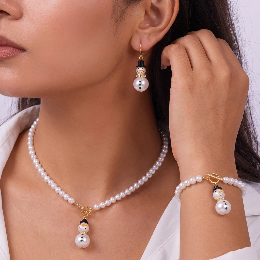 Christmas Snowman Pearl Necklace Bracelet Earring Set for Ladies Cute Diamond-Encrusted Elderly Candy Gift Pendant Party Jewelry