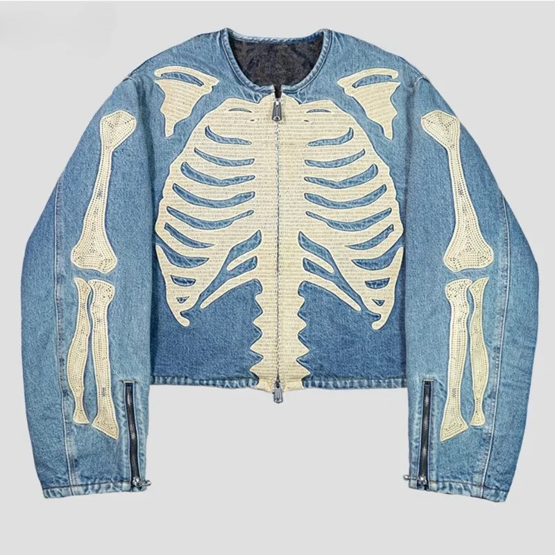 2024 Summer Fashion New Trend Bone Embroidered Denim Jacket Unisex Loose Vintage Jeans Jacket Street Wear Hip Hop Denim Jacket