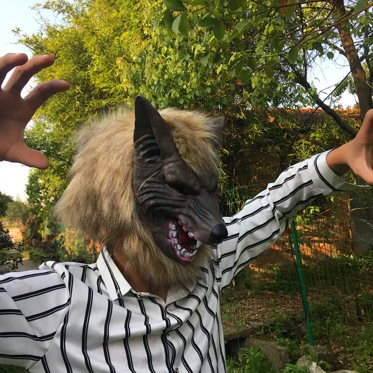 Werewolf Costume Party Mask Wolf Gloves Cosplay Halloween Masquerade Rubber Wolf Head Hair Mask Werewolf Gloves Mask Scary Decor