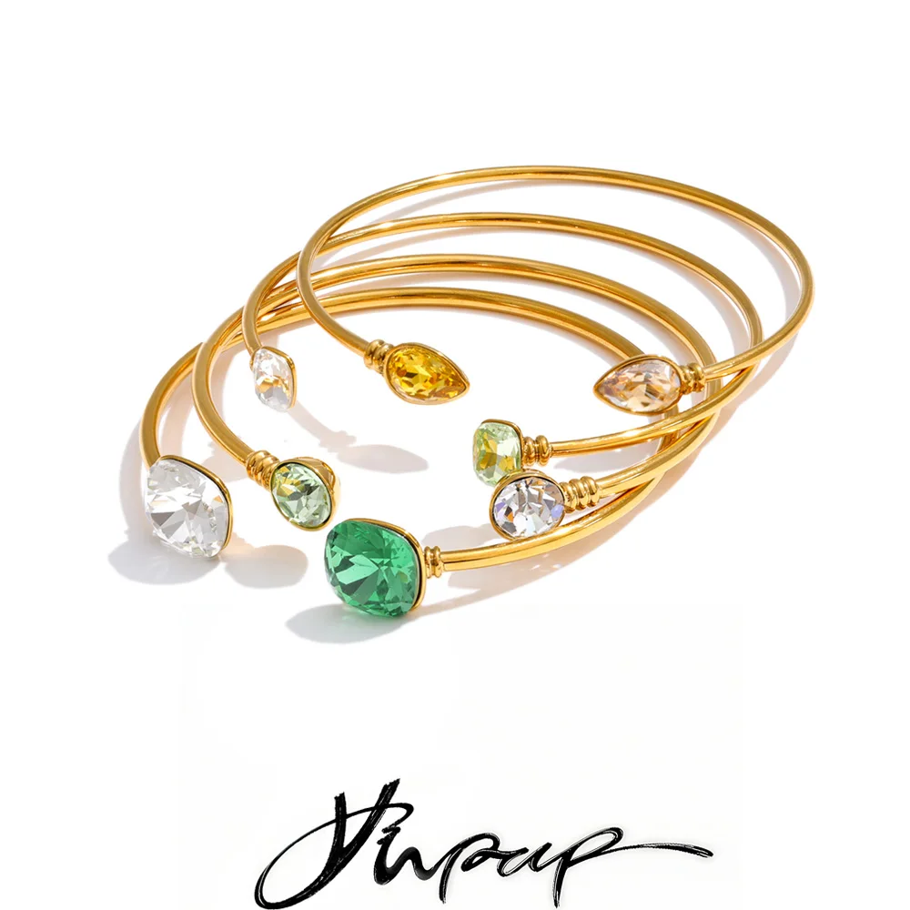 Pulseira de Punho Yhpup 63mm em Aço Inoxidável com Cristais Quadrados e Redondos, Banhada a Ouro 18K PVD – Novidade da Moda em Joias de Pulso