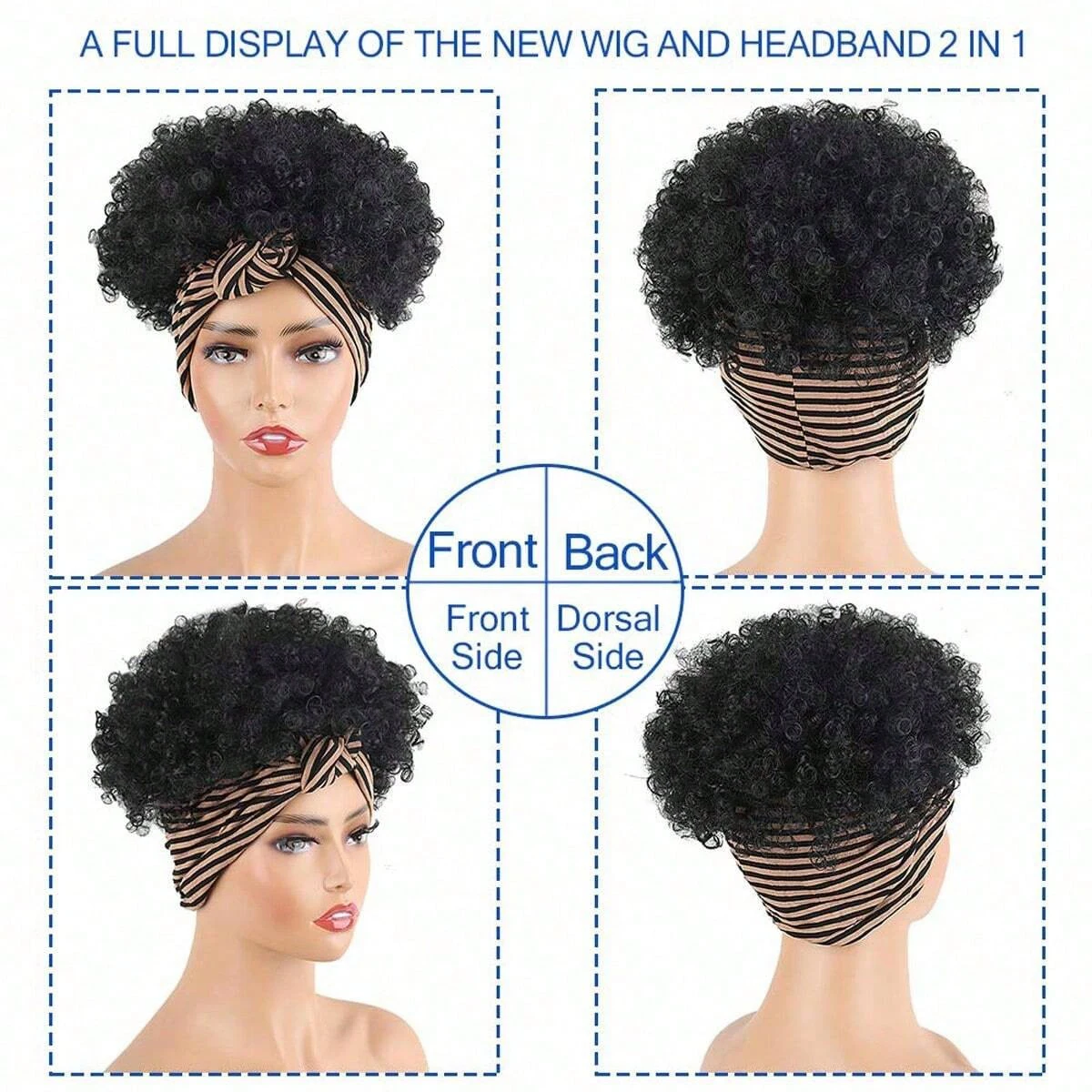 Black Headband Wigs For Women Afro Kinky Curly Wig With Synthetic Short Hair Wigs With Headband Attached Headwrap Wigs