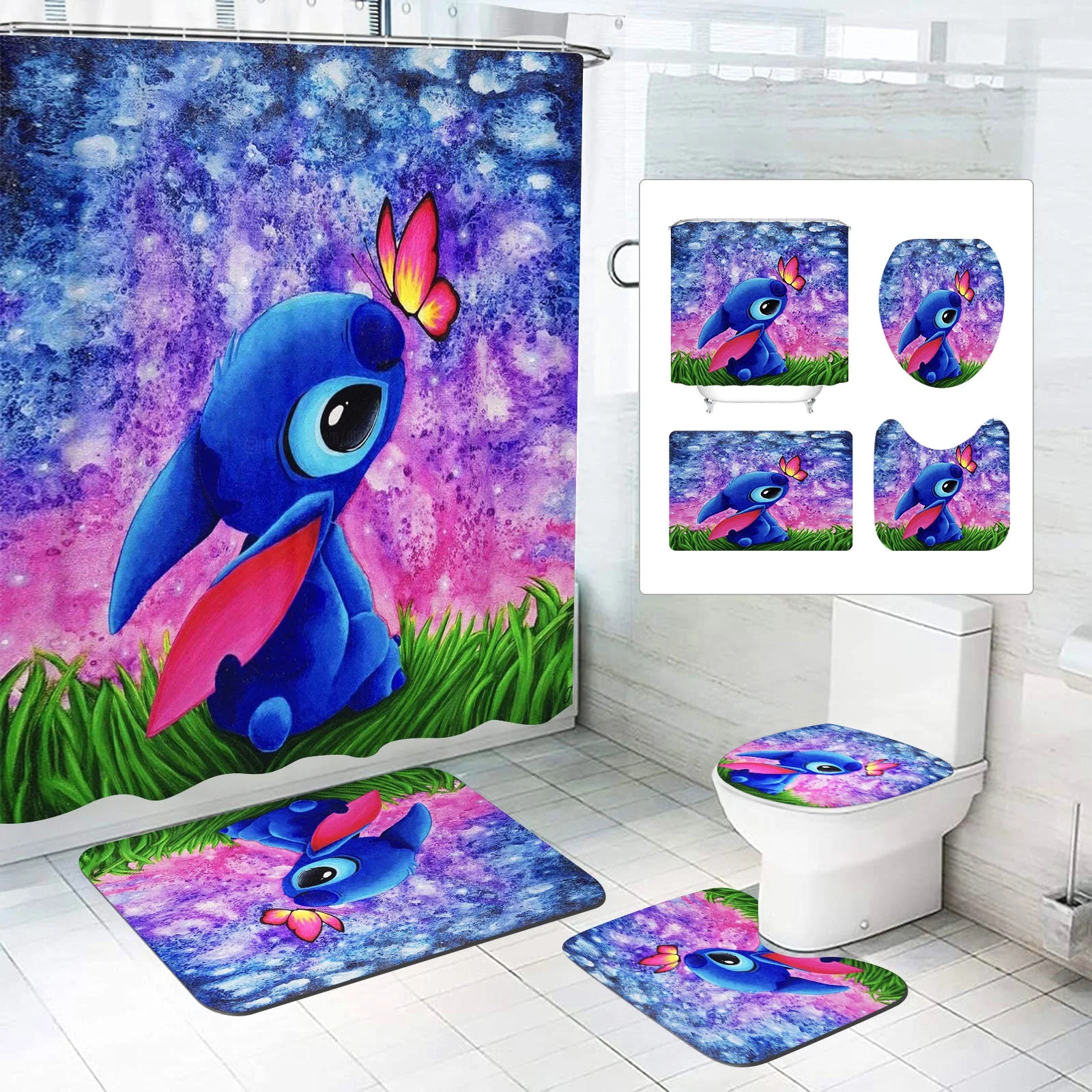 Disney-Stitch Shower Bath, Cartoon Anime, Cute Curtain, Bathroom and Accessories Sets, Full Set Mats, Luxury Decorations, 4 Pcs