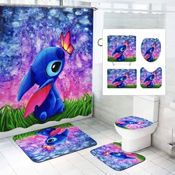 Disney-Stitch Shower Bath, Cartoon Anime, Cute Curtain, Bathroom and Accessories Sets, Full Set Mats, Luxury Decorations, 4 Pcs