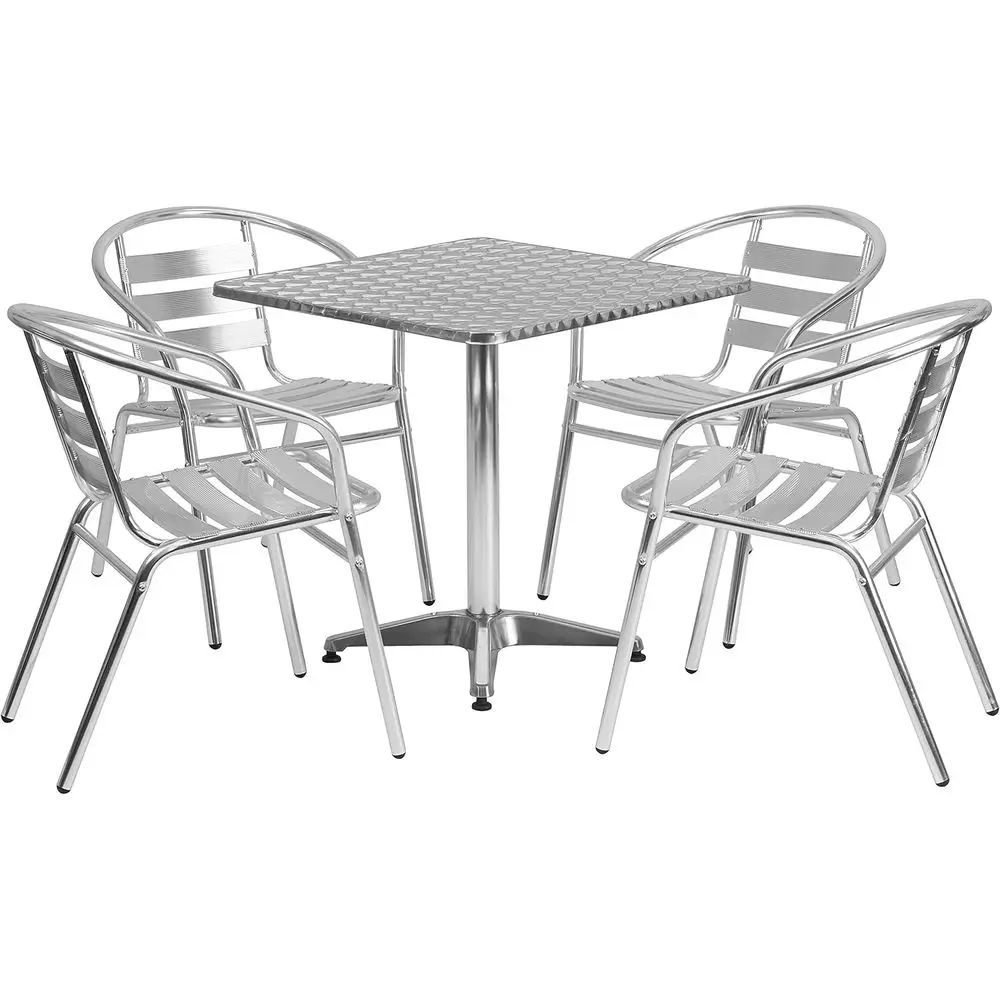 

Outdoor Patio Dining Set: 4 Chairs with Square Table, Silver, All-Weather Bistro Furniture