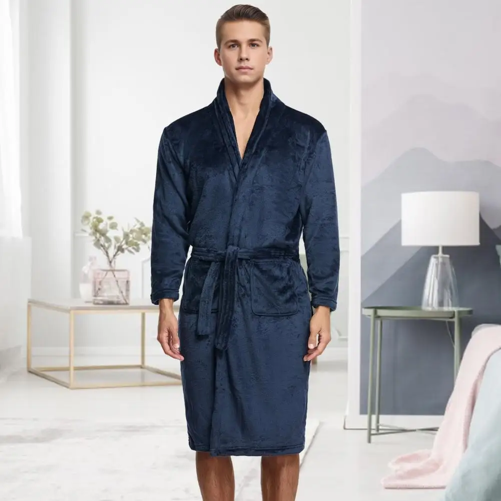 Flexible Nightwear Cozy Flannel Nightgown with Pockets Lace-up Front for Men Knee-length Lounge Sleepwear Bathrobe