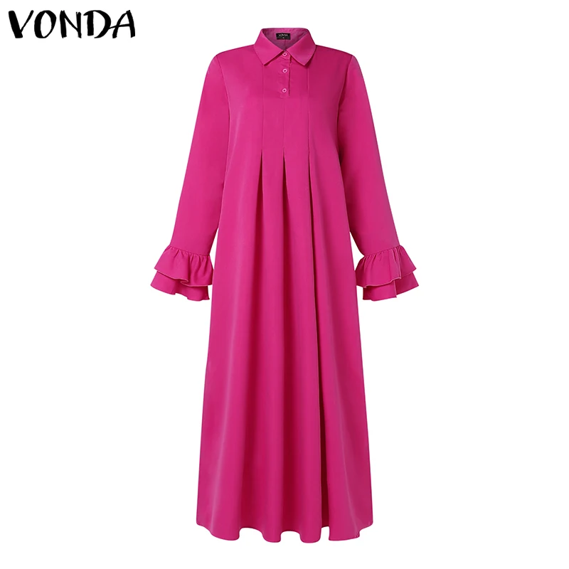 Plus Size 5XL VONDA Women Elegant Shirt Dress Ruffle Pleated Maxi Long Dress 2025 Casual Loose Solid Sundress Long Sleeve Robe