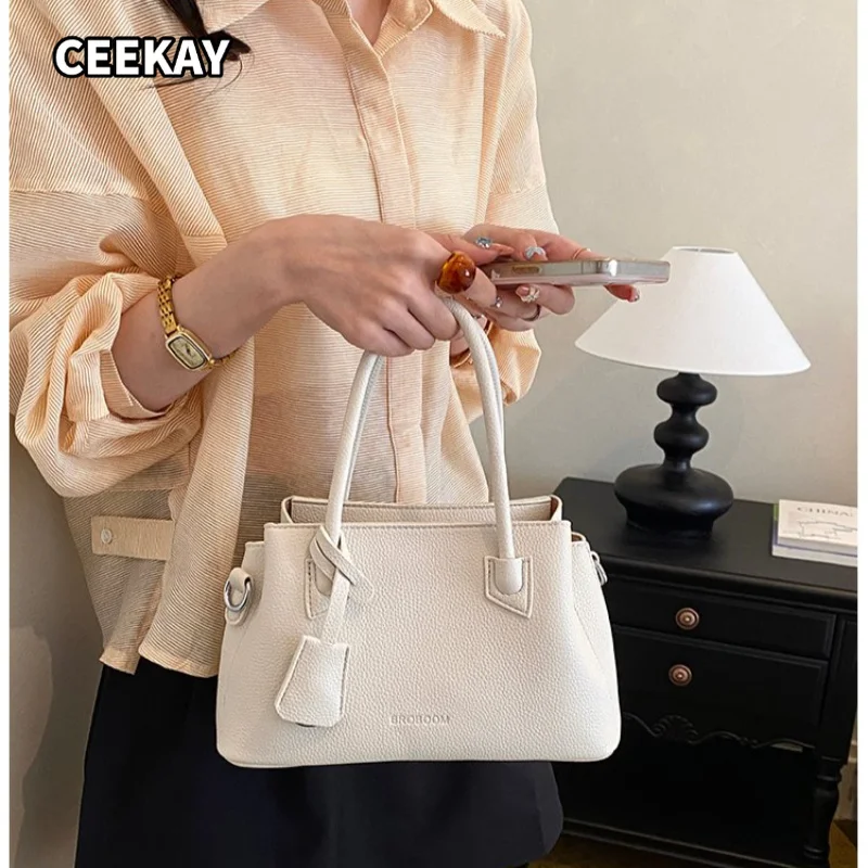 CEEKAY Women's Handbag Cream White Textured PU Leather Small Top Handle Bag Knotted Handle Leather Tag Daily Commute Casual
