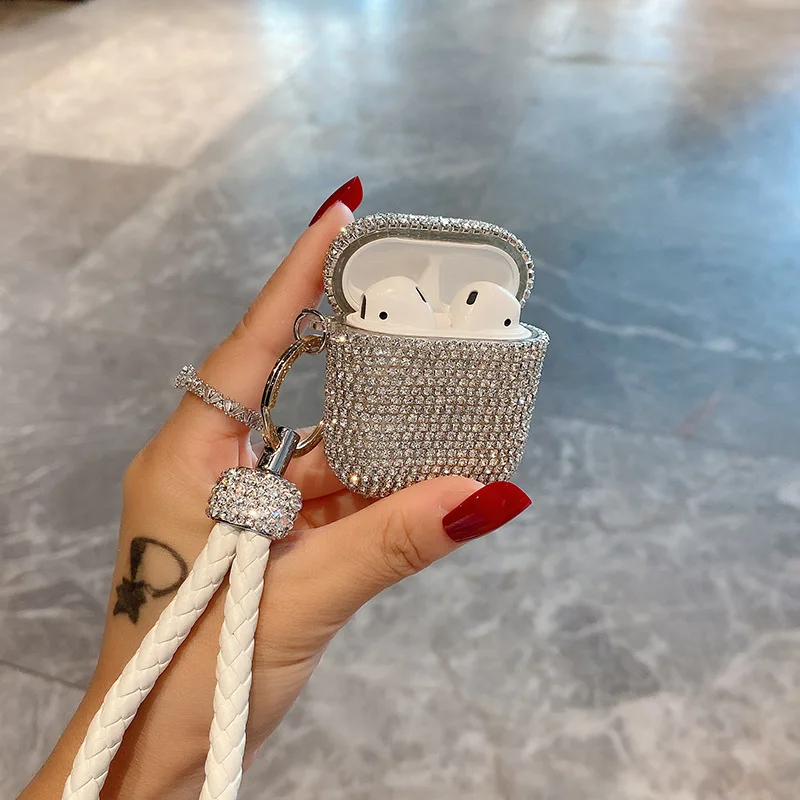 بلينغ بريق الماس مضفر المعصم حبل غطاء واقٍ مزخرف لهاتف آيفون لابل Airpods 1 2 3 4 Pro 2 شحن لاسلكي سماعة رأس بخاصية البلوتوث غطاء