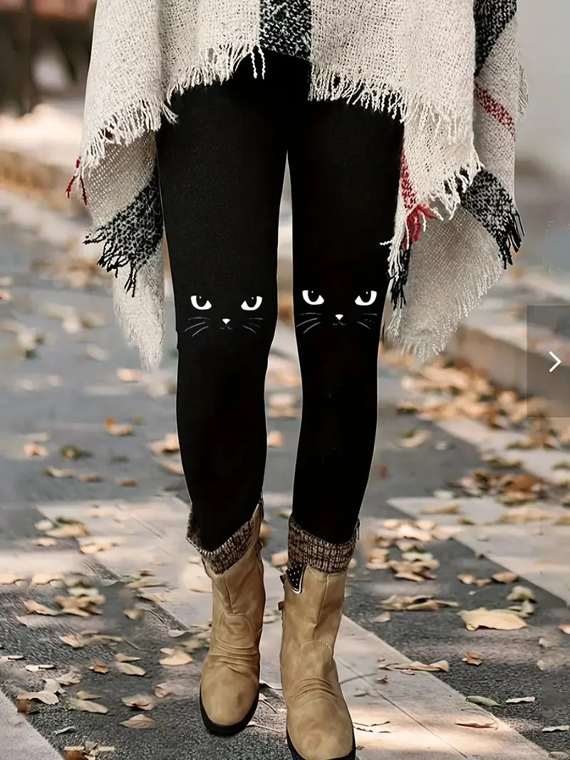 Cute kitten print casual stretch slim-fit elastic waist tight-fitting leggings for women everyday wear