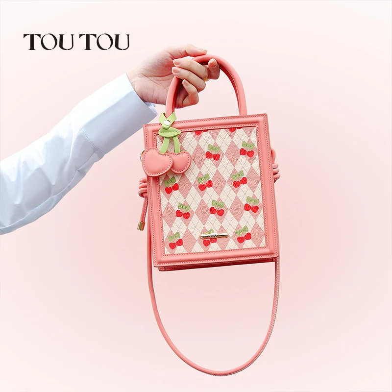 TOUTOU Cherry Crossbody Bag with Long Strap Fashion Cute Pink Handbags Women's Flap Square Handbag For Phone With Heart Charm