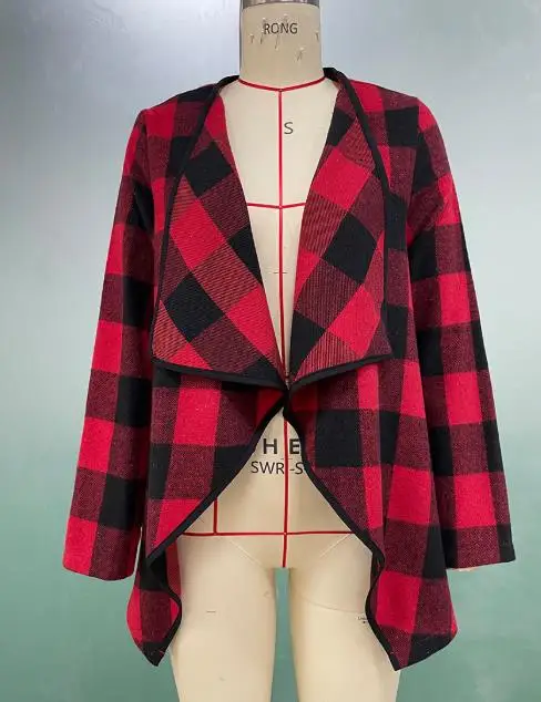 

Women's Spring Commuting Style Shirt Checkered Long-Sleeve Irregular Buttonless Cardigan Early Autumn New Casual Women Coat