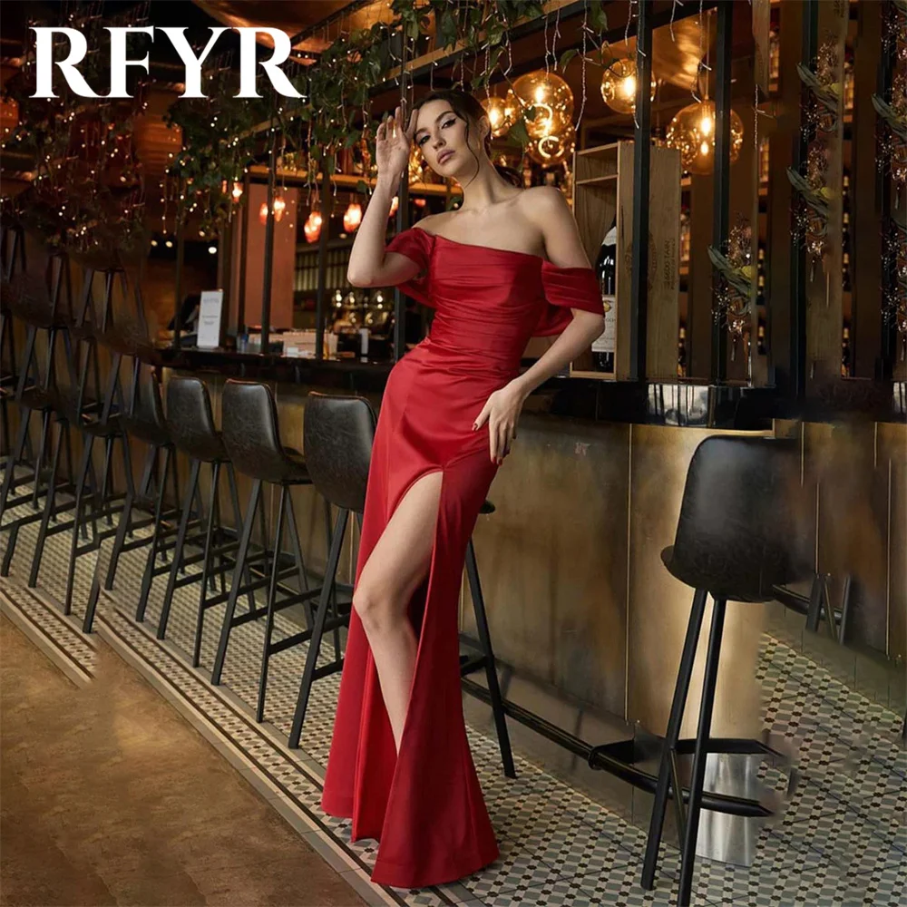 

RFYR Mermaid Sexy Red Evening Dresses Stain Charming Prom Dress Off the Shoulder Party Dresses with High Split vestidos de noche