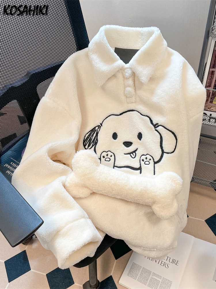 2024 Cartoon Dog Loose Casual Lamb Wool Hoodies Bone Patchwork Y2k Aesthetic All Match Grunge Sweatshirts Women Tops Moletom