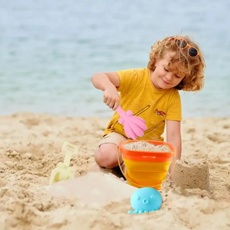 Folding Beach Toys 4PCS Sand Castle Toys Sand Bucket And Shovels Set Folding Pail Bucket Beach Sand Pails For Fun Summer