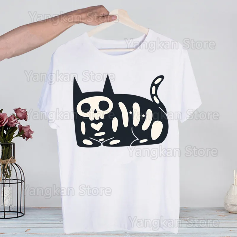 

Схема черного кота Скелет Мужская уличная футболка в стиле хип-хоп с принтом Футболки в стиле Харадзюку с коротким рукавом Модная повседневная футболка Топы Футболки