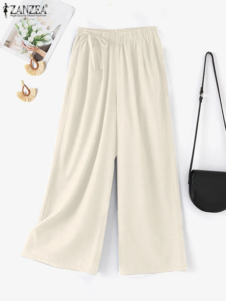 

ZANZEA Fashion Elastic Waist Wide Leg Pants Cotton Women Casual Loose Solid Color Trousers 2024 Summer Commute Lace-Up Pantalon