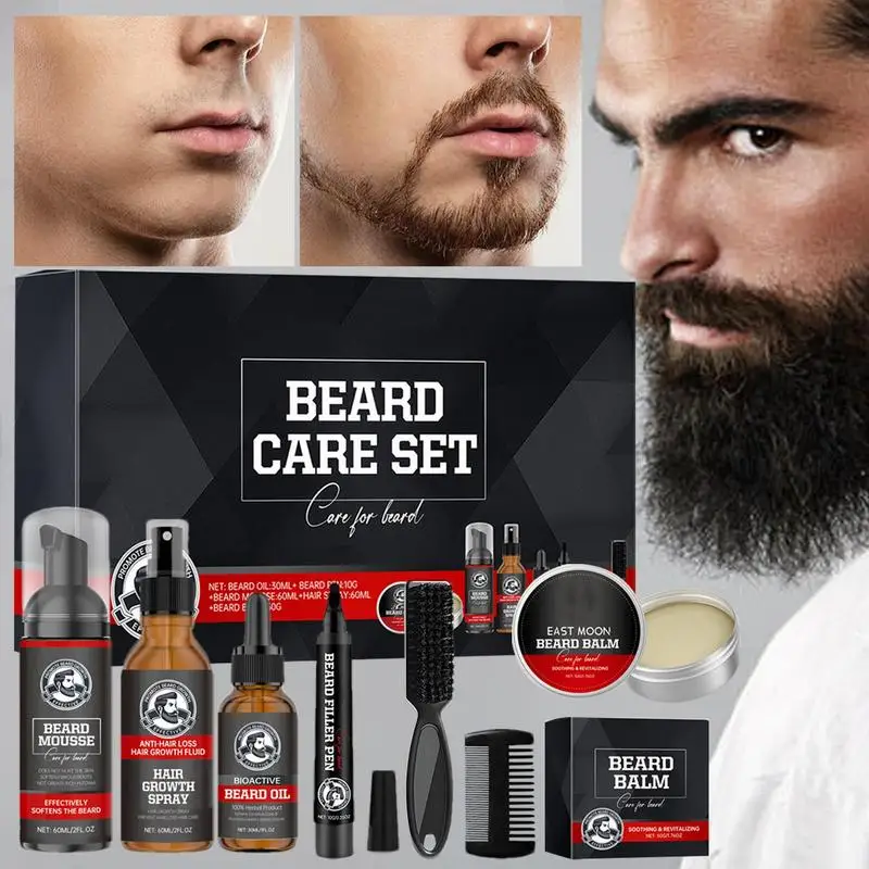 

7pcs beard grooming conditioner Men Beard Growth Kit Beard Serum Oil Balm Beard Comb Bristle Brush beard conditioner Oil Mousse