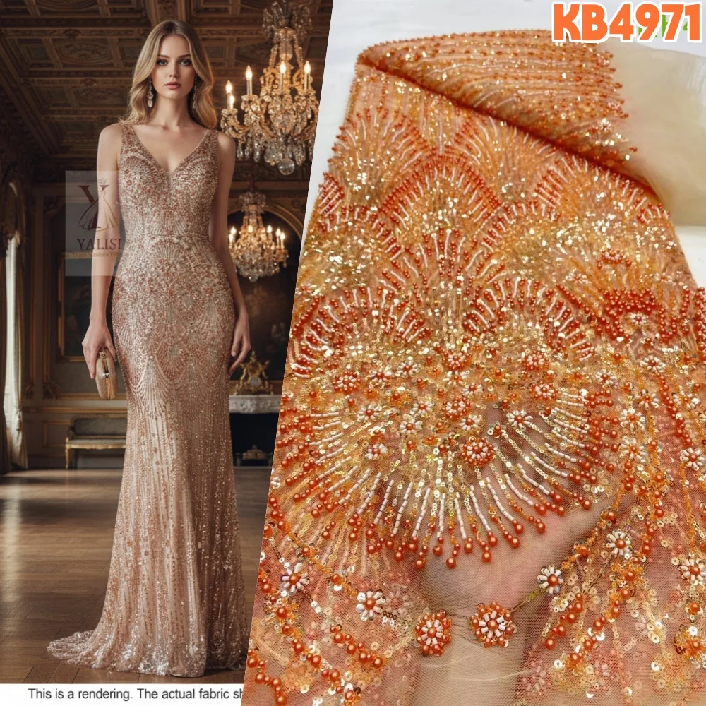 

Кружево из бисера с последовательностью, обожженное оранжевое тюлевое кружево, африканская ткань, кружево высокого качества, 2025, синяя ткань для вышивки для шитья KB4971