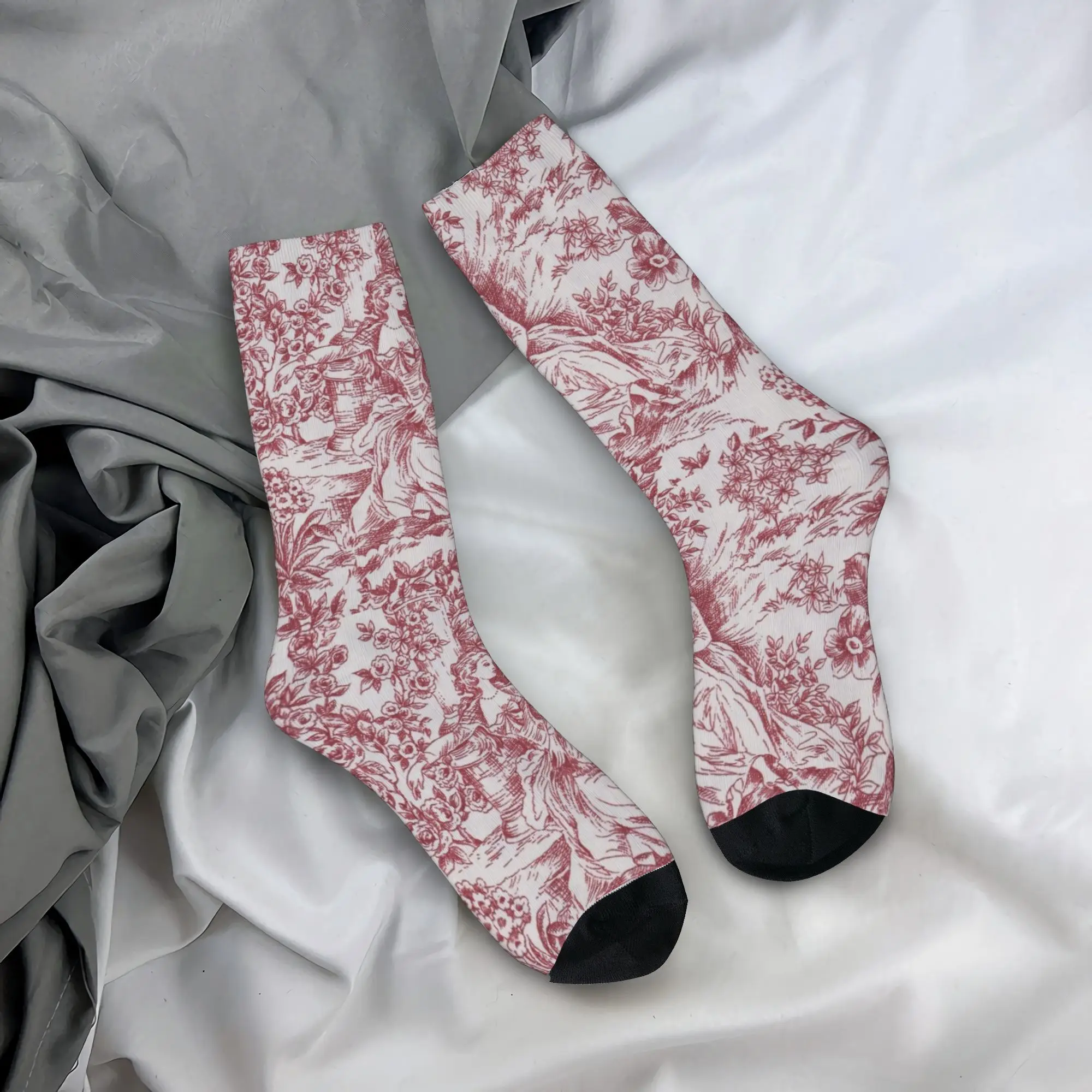 Calcetines Personalizados con Estampado Divertido, Diseño Clásico Rojo Toile De Jouy, para Hombre y Mujer, Elásticos, para Verano, Otoño e Invierno