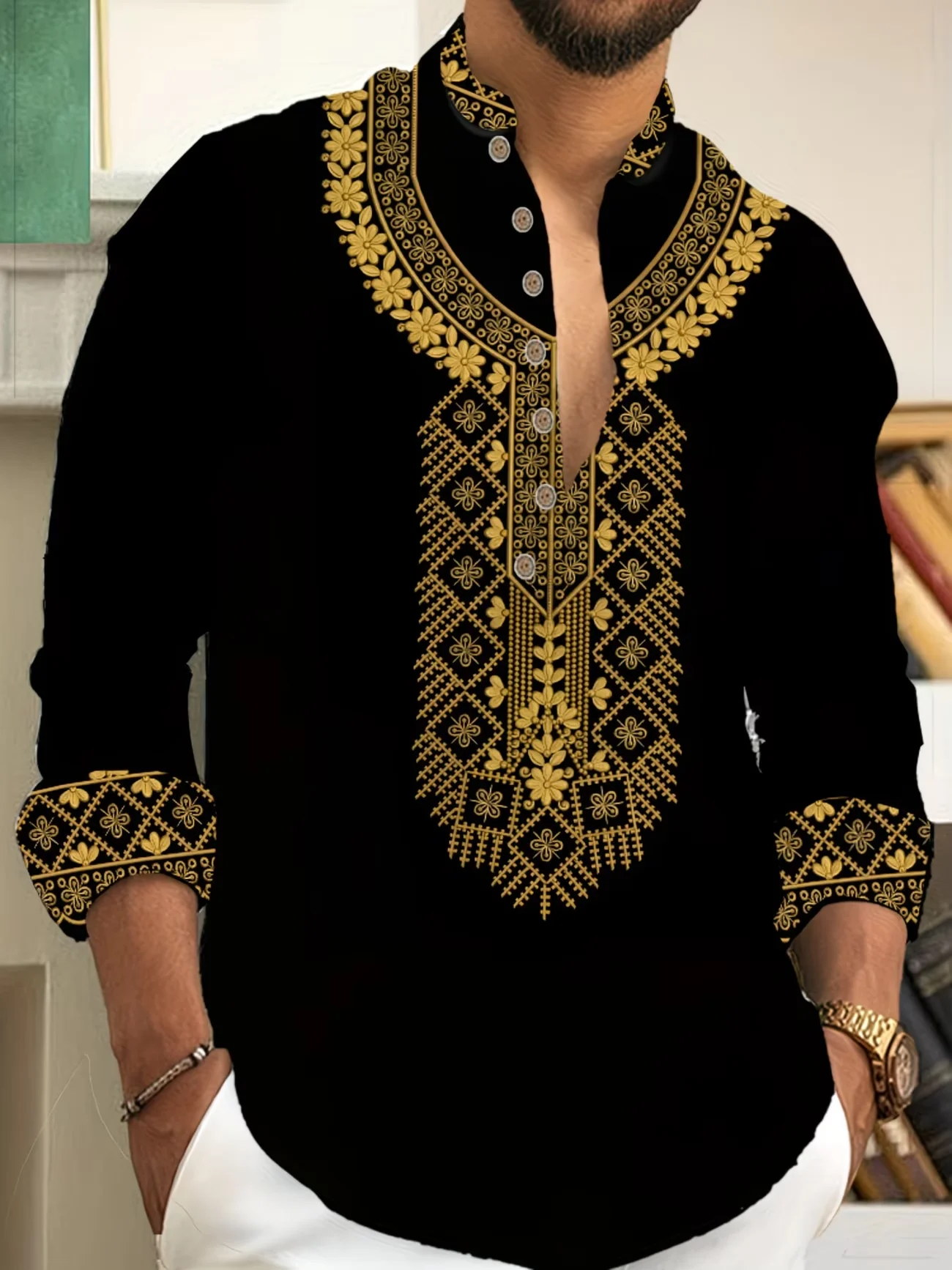 

New men's 3D floral print retro ethnic style pattern long sleeved casual shirt fashionable lapel top