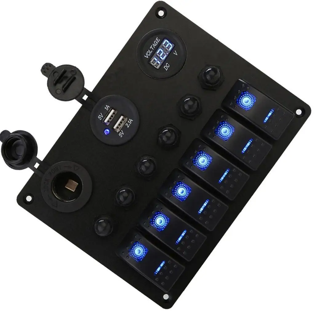 Durable Aluminium Rocker Switch Panel Waterproof 6 Gang Circuit Breaker Electric Panel for Boat Car Marine