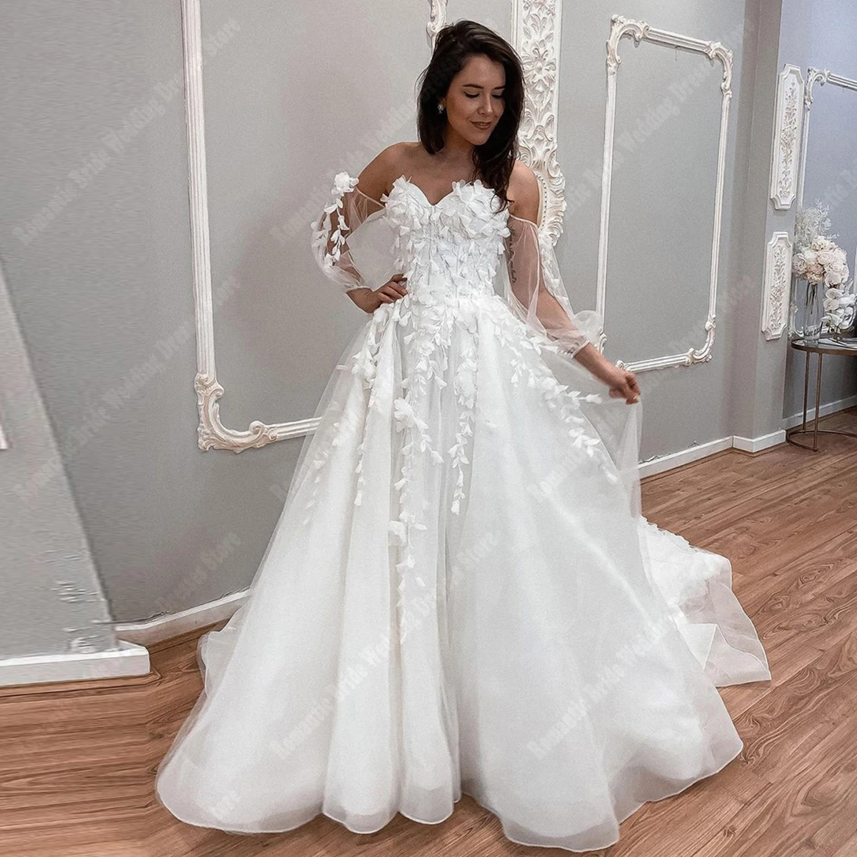 Gaun pernikahan wanita Bohemia elegan gaun pengantin Tulle Glitter gaun pengantin panjang pel bunga A Line Princess Vestidos De Novias 2024