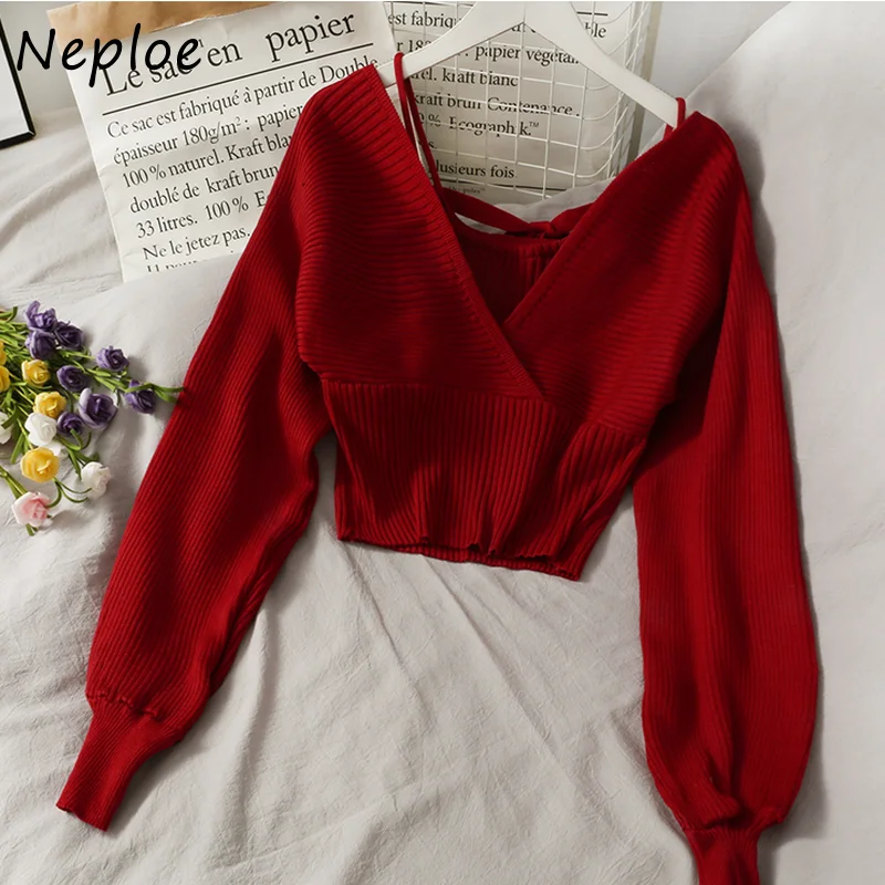 Neploe V Neck Cross Bow Design Sexy Open Back Sweater Pullover Long Sleeve Slim Fit Knit Pull Femme Spring Outwear Solid Sueter