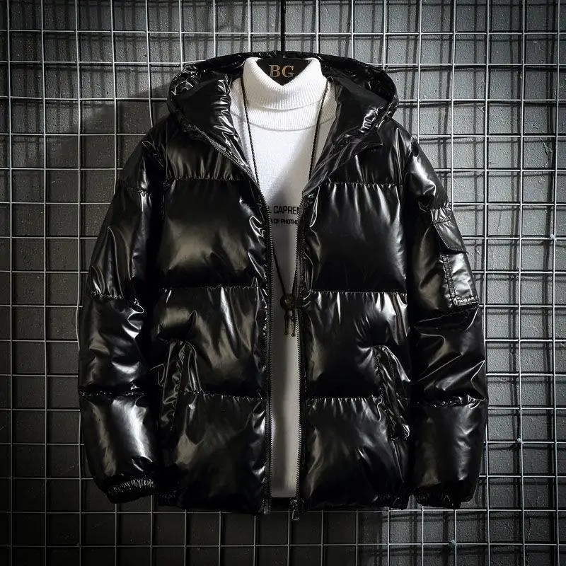 

Winter Glossy Men's Hooded Jacket High Quality Inside Cotton Padding Warm Parkas Outdoor Fashion Korean Regular Fit Large Size