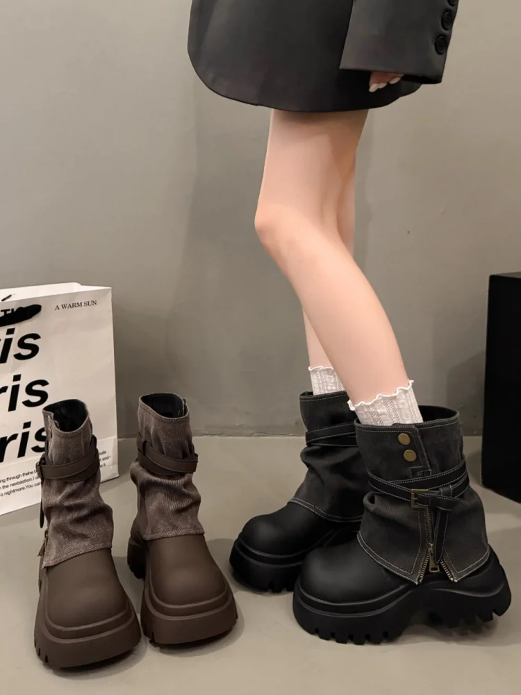 

Faionable Versatile Women's Boots Thi Bot Jeans Tube Boots Heightening ort Statured Autumn New Arrival