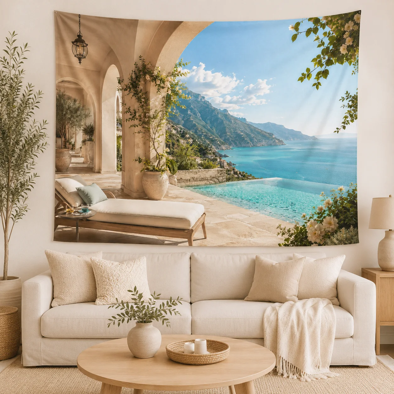 Mediterranean Villa Sea View Tapestry, Stone Arch Ocean Pool Landscape Wall Hanging