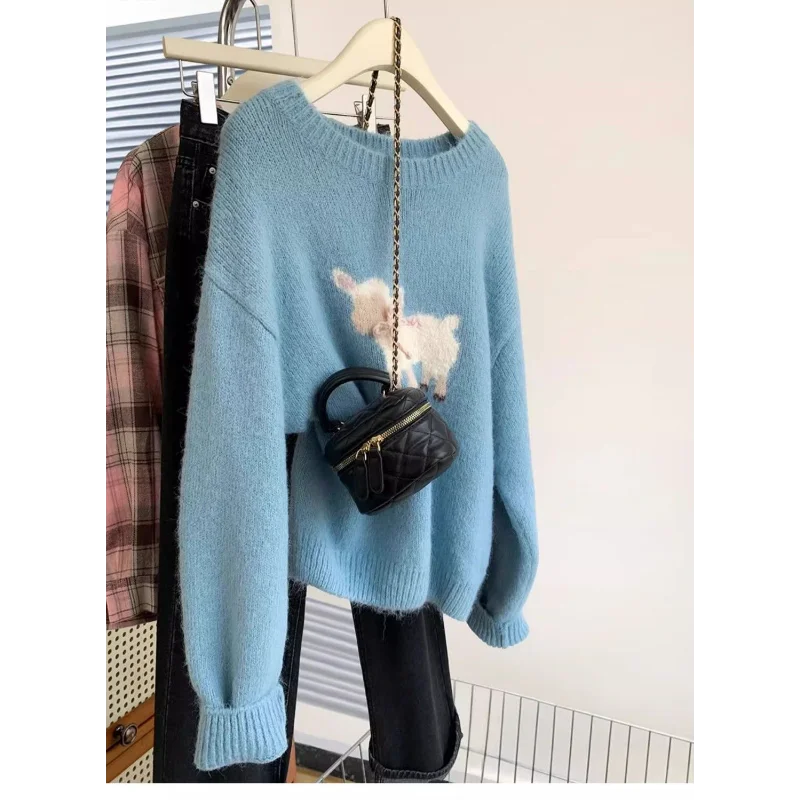 

Синий свитер с круглым вырезом и бантом для женщин, осенне-зимний пуловер, свободный вязаный свитер, топ