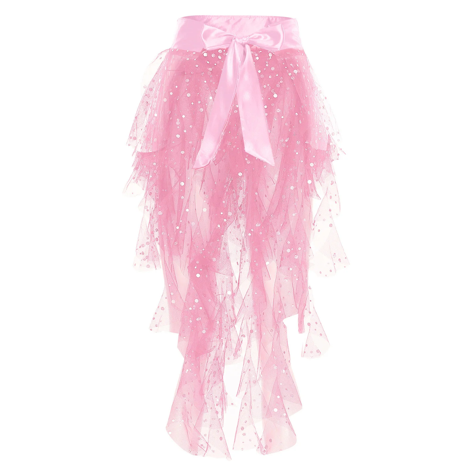 Women Sheer Tulle Belly Dance Hip Scarf Ruffles Sequin Tiered Split Hem Satin Belt Waist Skirt Chacha Latin Tango Dance Costume