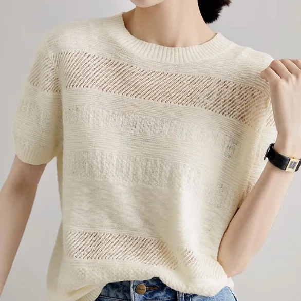 2024 New Cashmere short sleeves O-Neck hollow cashmere knit short sleeve women spring summer loose thin Cashmere short sleeves