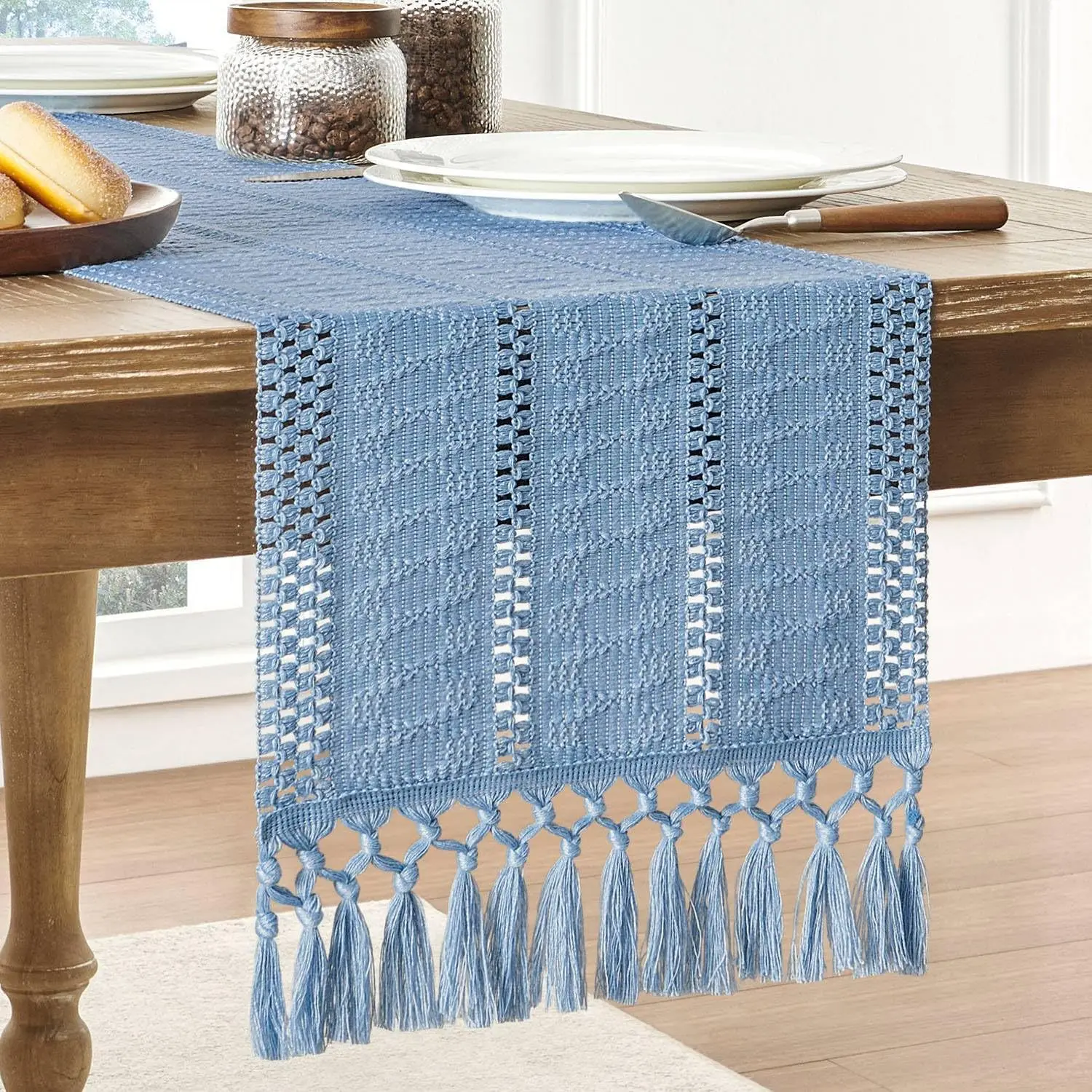 

Cotton Linen Table Runner with Knotted Fringes American Luxurious Festive Table Decoration Wedding Decor Boho Home Table