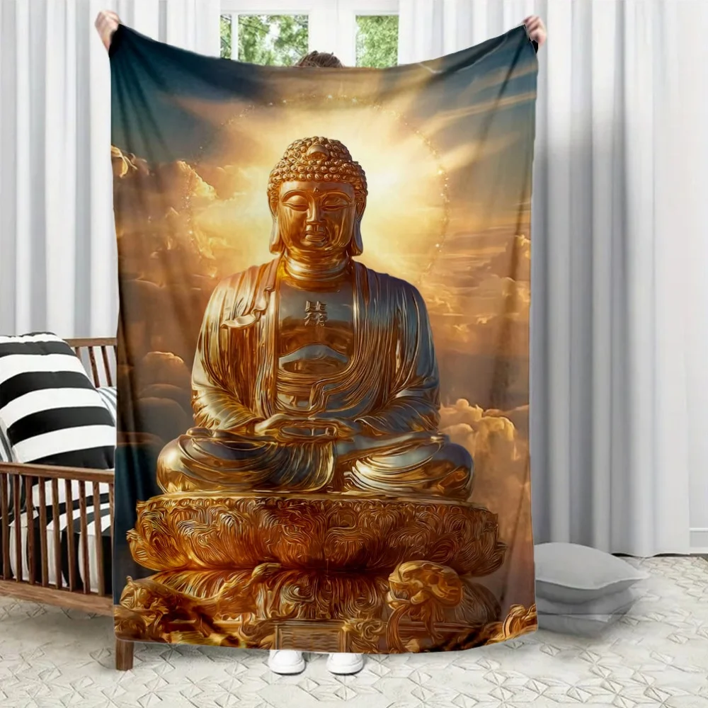 Golden Buddha Statue Theme Flannel printed blanket suitable for all seasons suitable for living room office sofa and travel
