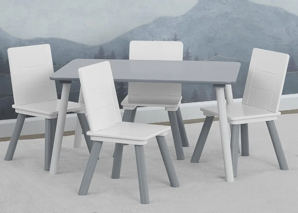 Kids Table and Chair Set with 4 Chairs for Arts, Crafts, Snack Time, Homeschooling in Grey/White