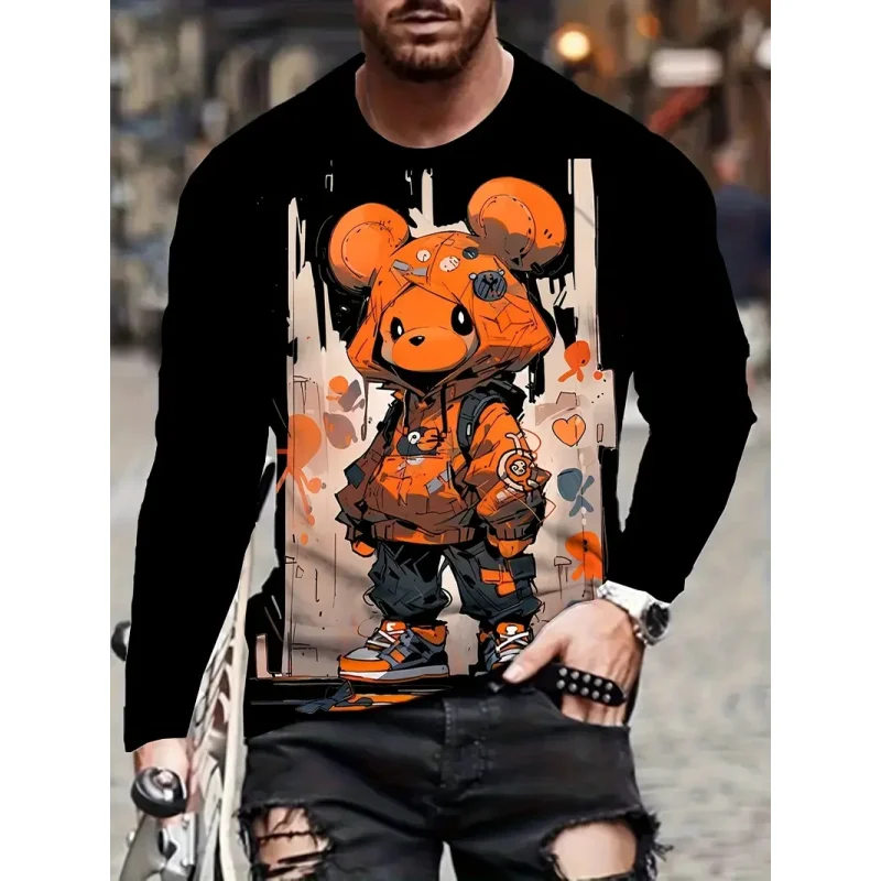 Cute Cool Bear Pattern T-Shirt For Men Colorful Animal 3D Printed T Shirts Summer Casual Long Sleeves Loose Round Neck Tops Tees