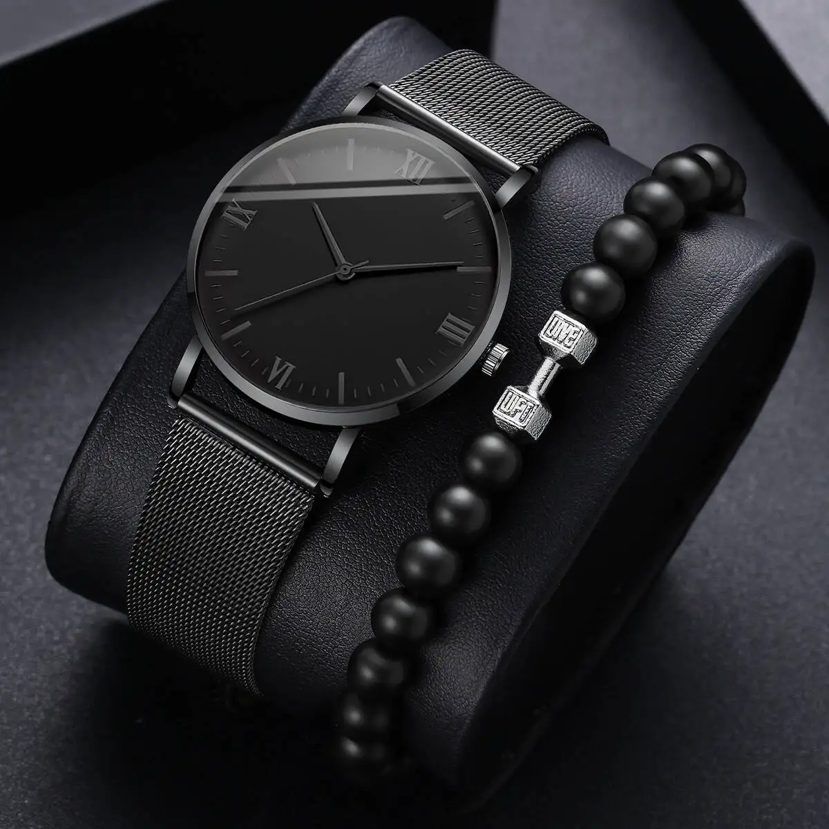 2PCS/Set Men's Business Watches Fashion Roma Dial Mesh Band Quartz Watch Bracelet Set Reloj Hombre