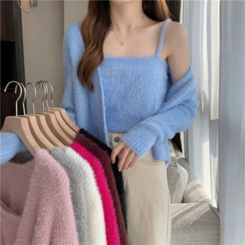 

Halter Sweater Sets Two Pieces Vintage Harajuku Women Cardigan Chic Tee Y2k Elegant Pink Girl Ins Casual Korean Streetwear Tops