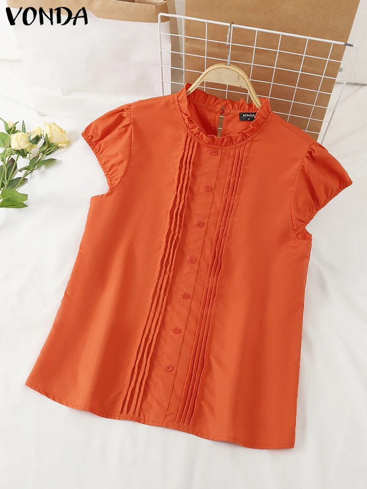 เสื้อเชิ้ตฤดูร้อน VONDA 2025 สีพื้น เรียบหรู แต่งระบาย แขนพองสั้น สไตล์ลำลอง ทรงหลวม คอตั้ง เสื้อผู้หญิง