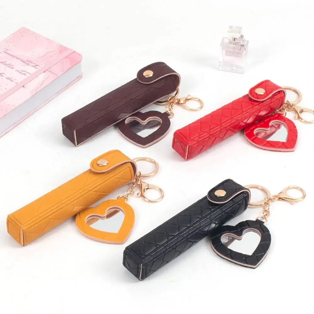Portable Mini Lipstick Bag Keychain with Heart-shaped Mirror PU Leather Lipsticks Protective Cover Keychain Design Lip Balm Bag