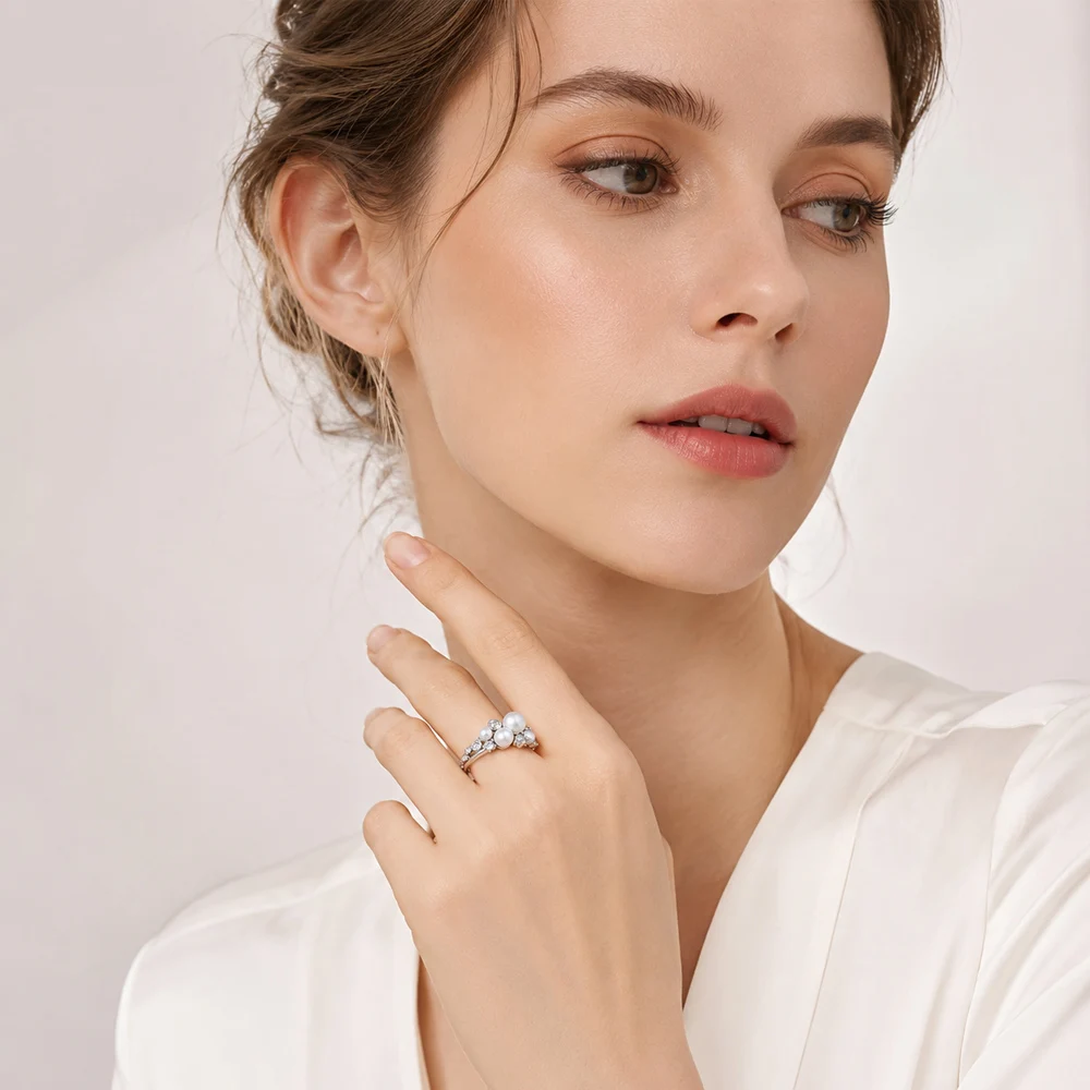 Freshwater Pearls with White Stones Ring Europe Style New Fine Jewerly Trendy Gift In 925 Sterling Silver For Women