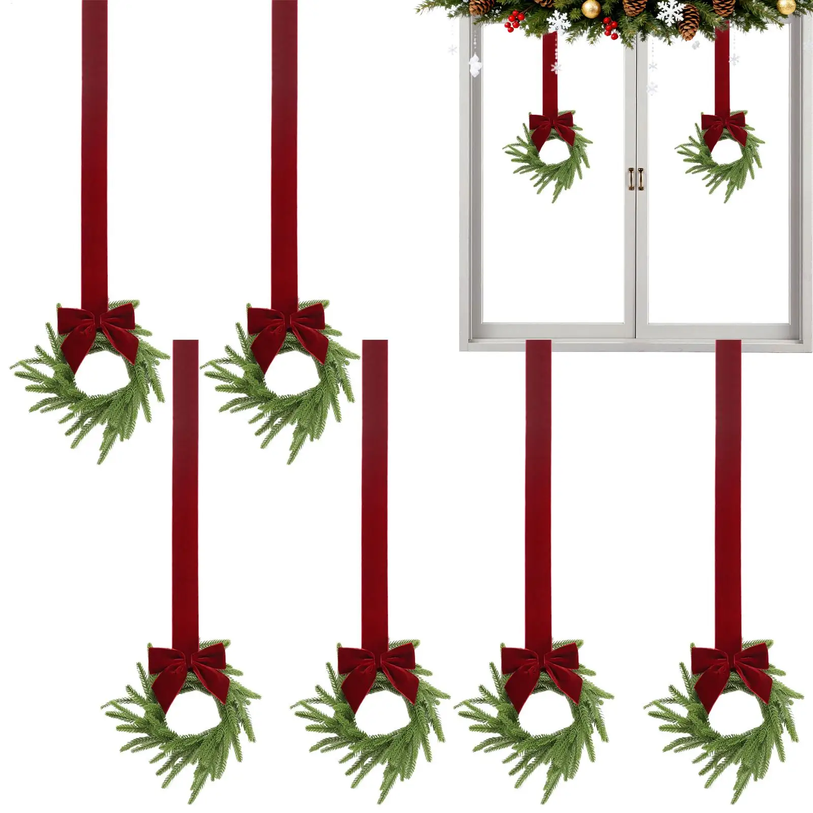 

Оконные венки Рождественские 6 шт. Искусственные рождественские украшения Дверные венки Украшения с красными бантами для дверей, стены, лестницы