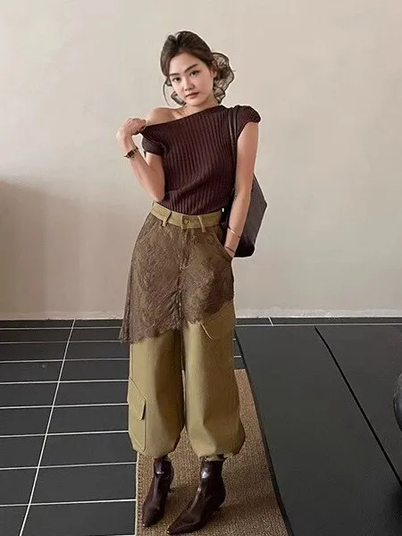 

Retro Patchwork High Waist Wide Leg Denim Pants Women Loose Slimming Fake Two-Piece Workwear Pants Slimming Long Trousers