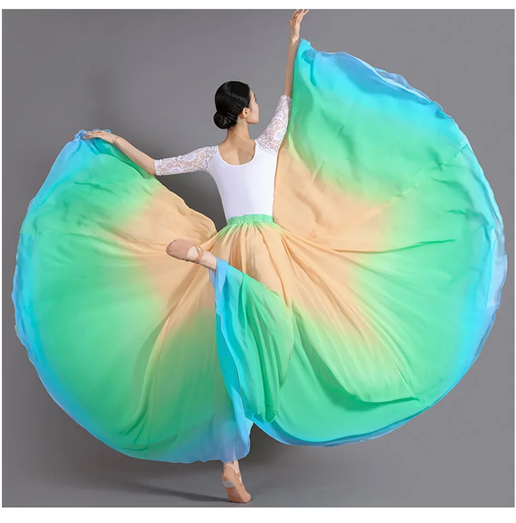 Women's 360-720 Degrees Big-hem Dance Skirts Gradient Color Chiffon Maxi Skirts Elastic-waist Elegant Square Dance A-line Skirts