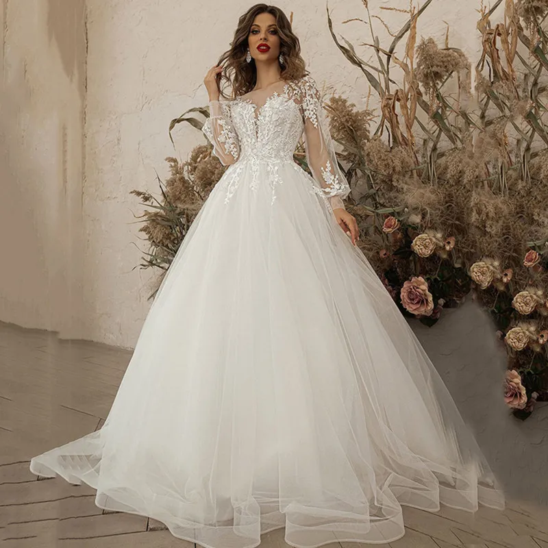 Lantern Sleeve Wedding Dress 2023 Deep V-neck Vestidos De Novia Appliques Vestido De Noiva Lace Robe De Mariée