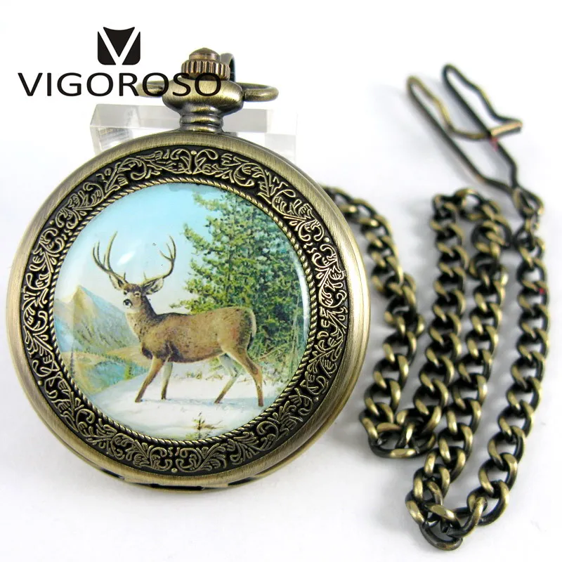 Luxury Two Sub-dials Mechanical Pocket Watch Hand Winding Bronze Alloy Skeleton Back FOB Chain Vintage Retro Roman Numeral Clock