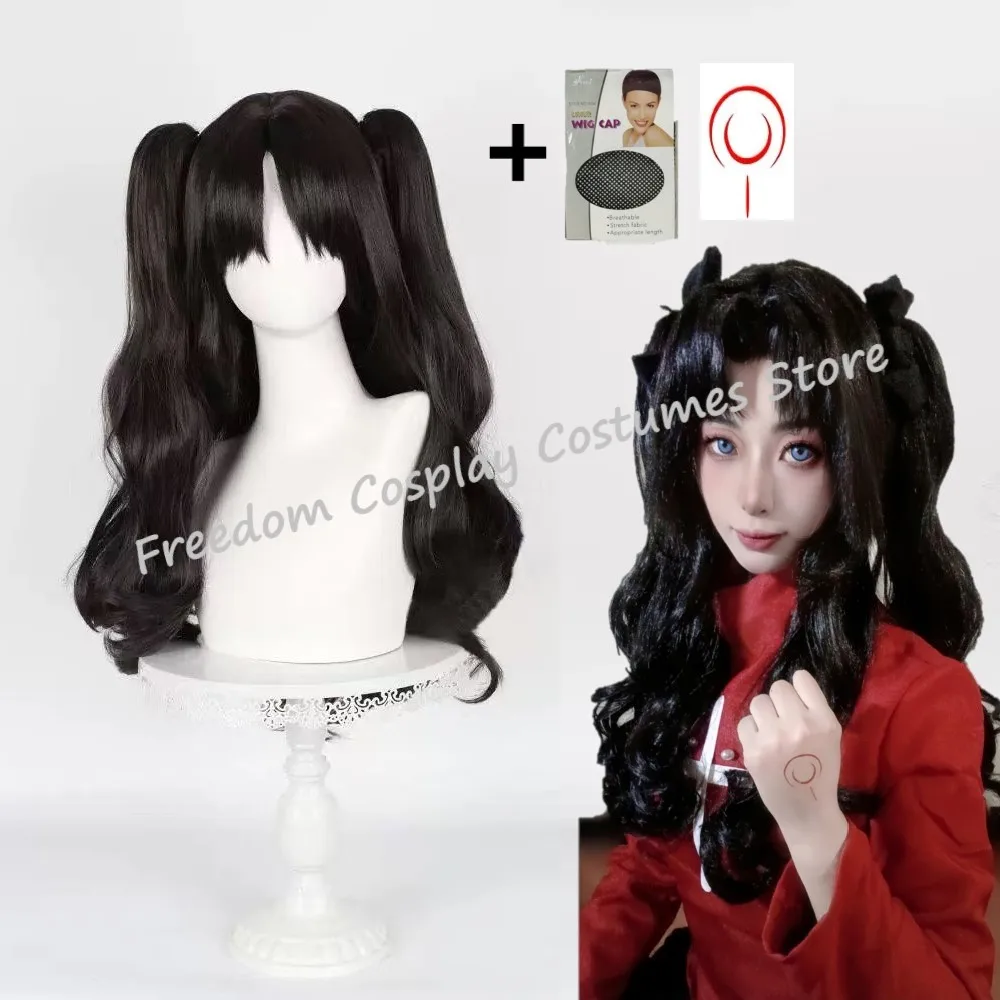 

IN STOCK Anime Fate Tohsaka Rin Cosplay wig Big Wave Double Clip Ponytail Synthetic Heat Resistant Wig + Wig Cap Tattoo sticker