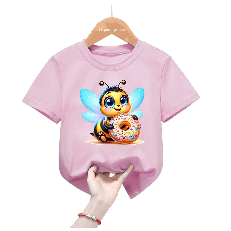 

Newest Bee Love Donut Printed Pink Tshirt Girls Kawaii Kids Clothes Butterfly Summer Fashion Short Sleeve T Shirt